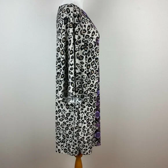 Dana Buchman Dress M Leopard Floral 3/4 Bell Sleeve Beige Tan Purple - Picture 5 of 11